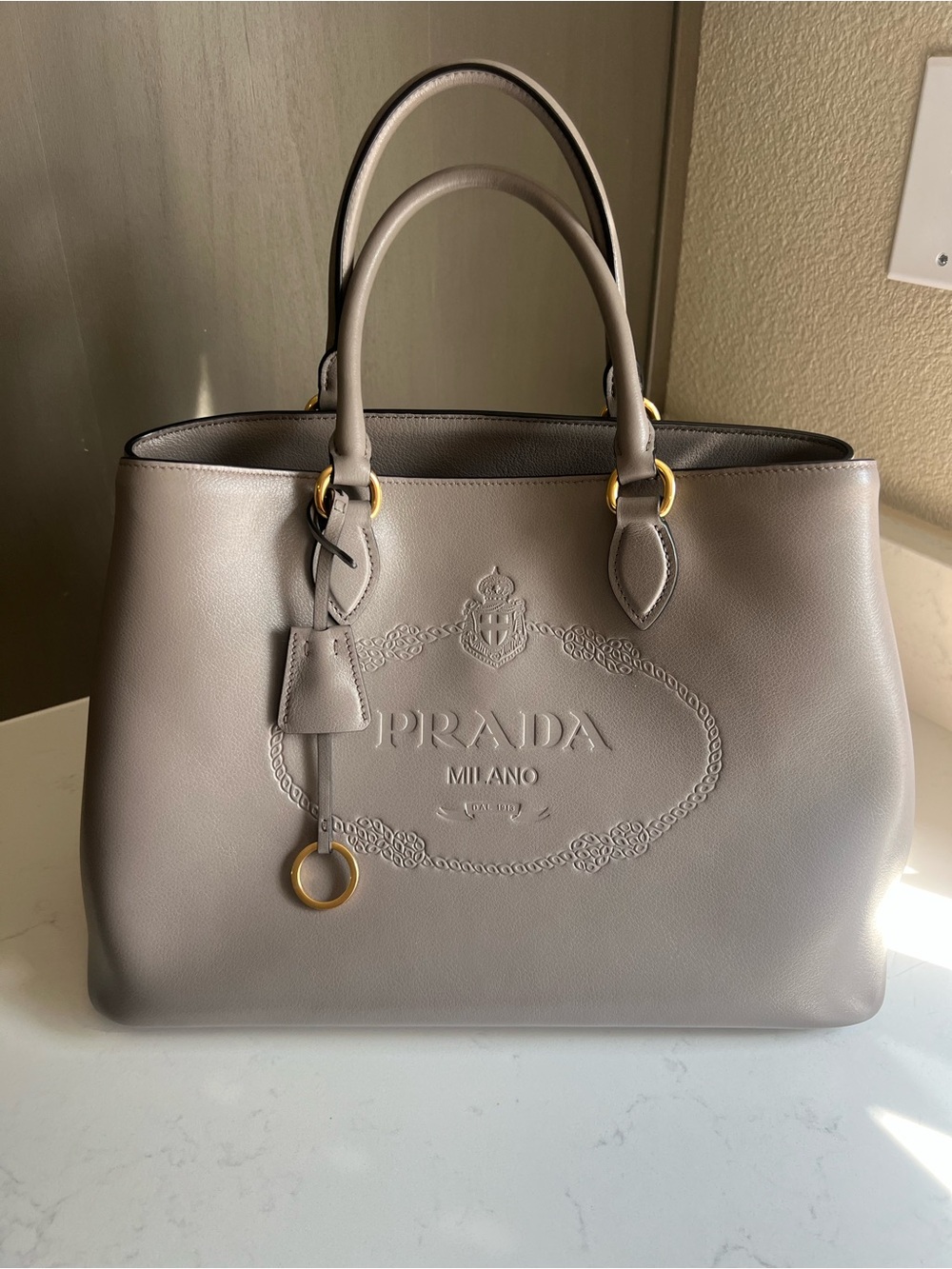 Prada Taupe Leather Embossed Logo Tote